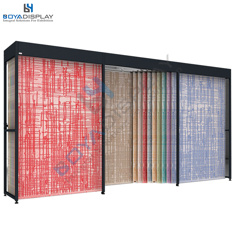 Custom size double row sliding type fabric carpet rug sample display stand rack for showroom