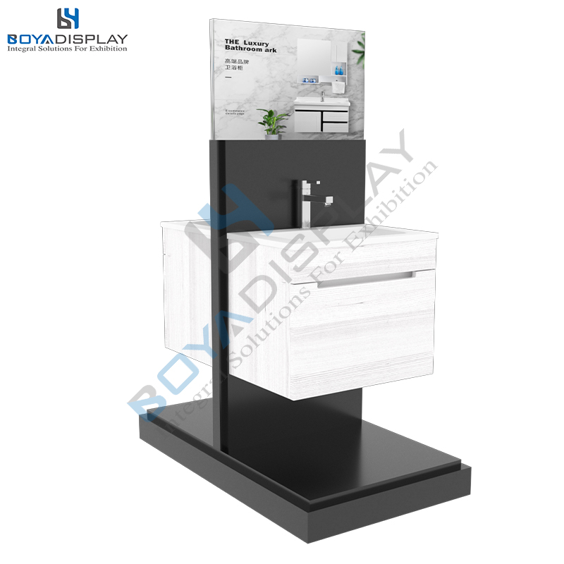 Professional Supplier double side bathroom faucet basin display stand rack with cabinet